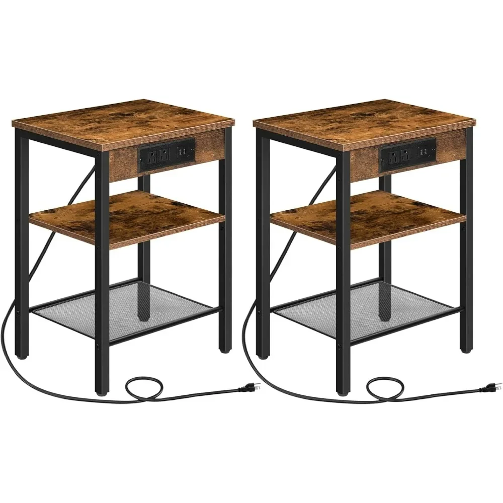 

End Tables with Charging Station and USB Ports, 3-Tier Nightstands with Adjustable Shelf, Small Side Tables