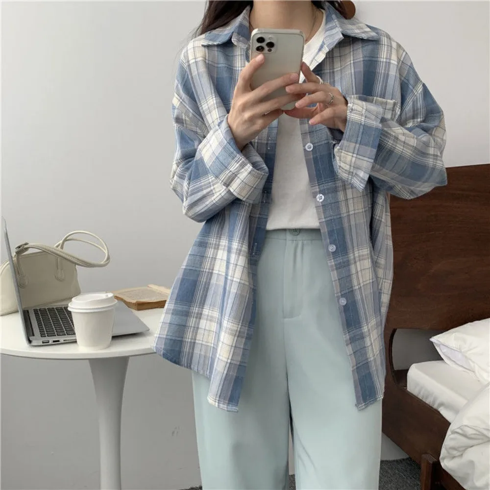 2024 Spring and Autumn Edition Fashion Retro Plaid Shirts Blouses Women Office Lady Loose Shirts Sense of design Checked Blouses