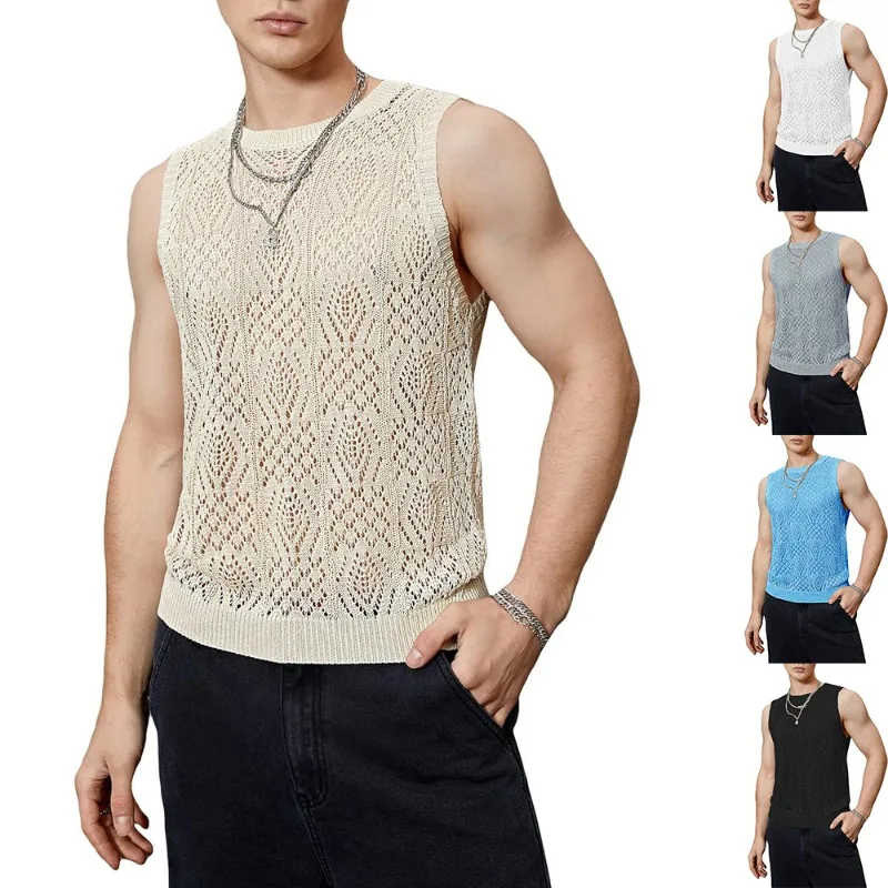 Summer New Men's Sleeveless Round Neck Hollow Jacquard Vest Cool Breathable Top