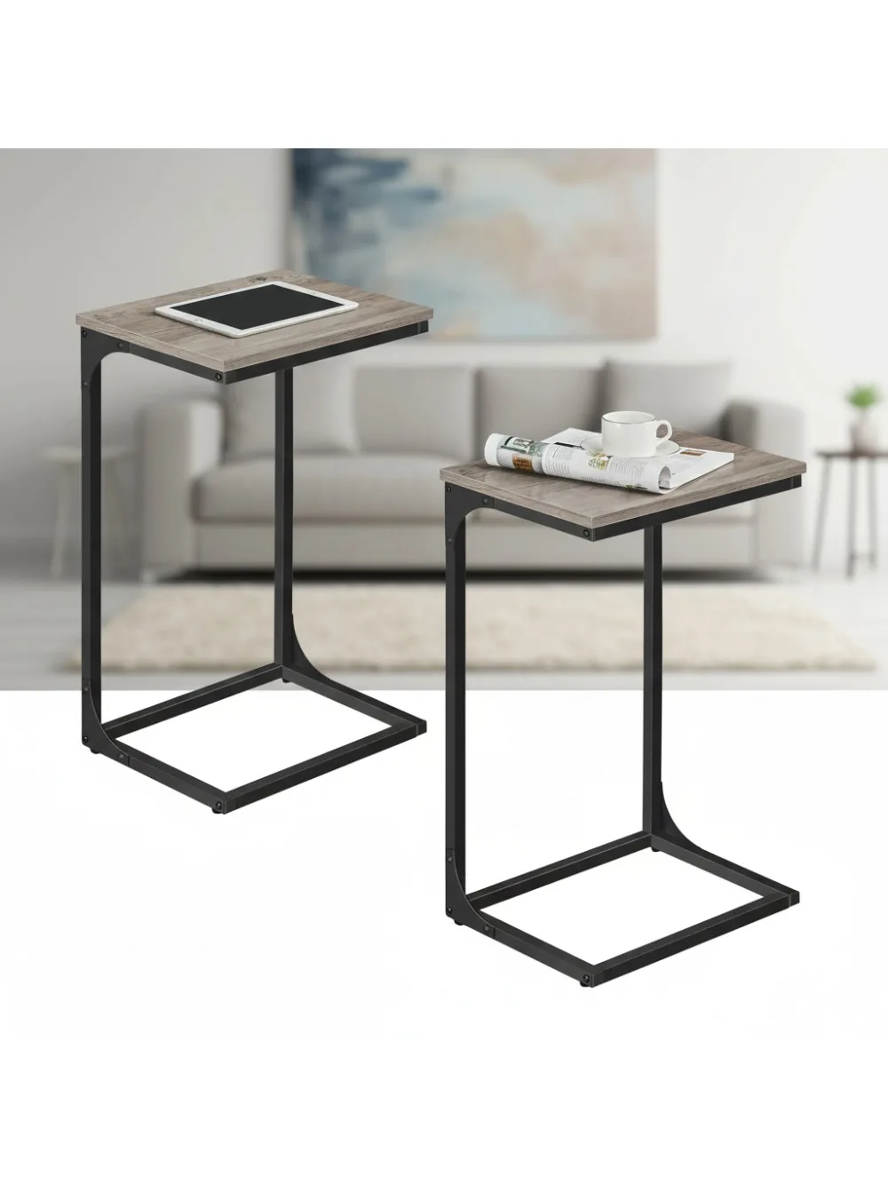 

C-Shaped End Table Set, Slim Side Table for Sofa & Bedroom, Metal Frame TV Tray, Greige & Black