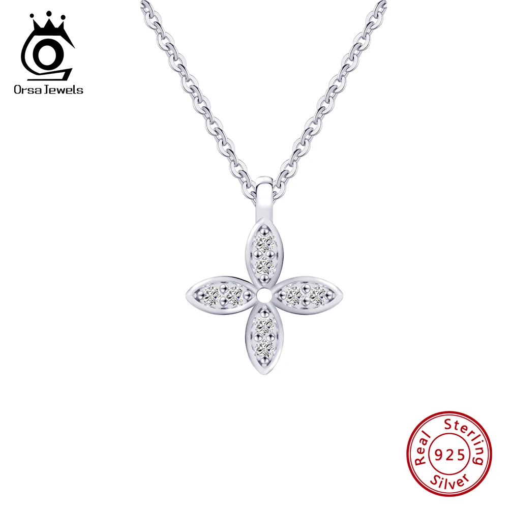 

ORSA JEWELS Genuine 925 Sterling Silver Flower Cut Pendant Choker Chain with 5A Clear CZ for Women Fashion Necklace JewelryAPN26