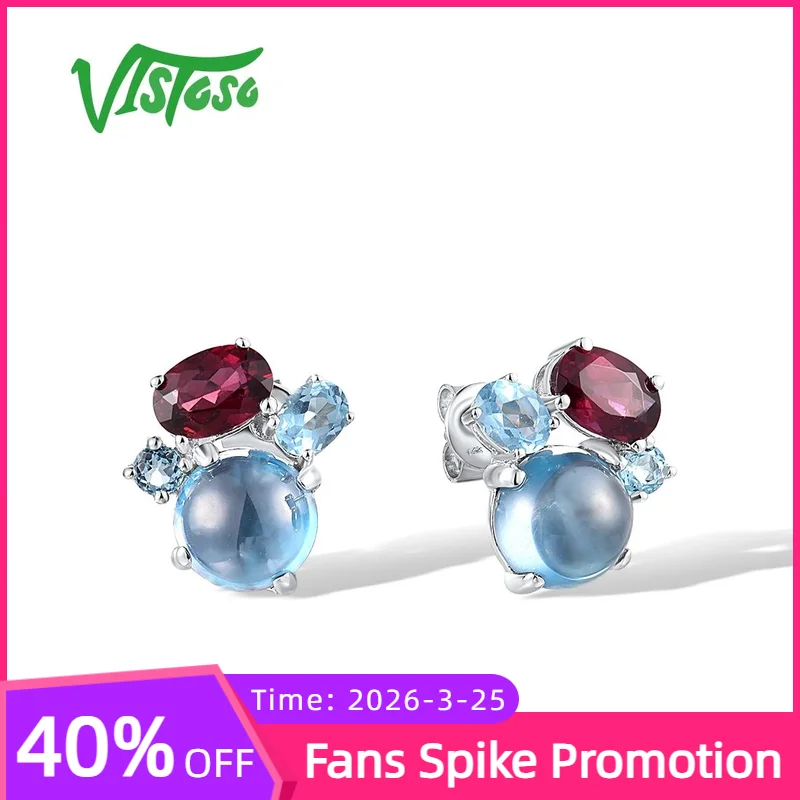 

VISTOSO 14K 585 White Gold Stud Earrings For Women Sparkling Rhodolite Garnet Peridot Green Chalcedony Blue Topaz Fine Jewelry