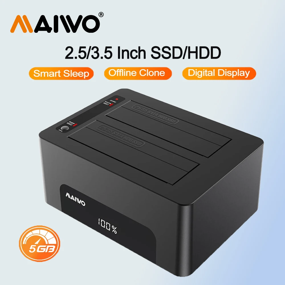 

MAIWO Dual Bay 2.5 3.5 Inch Hard Disk External Case 5Gbps 24TB Sata to Usb 3.0 Hdd Docking Station Hdd Caddy with Digital Light