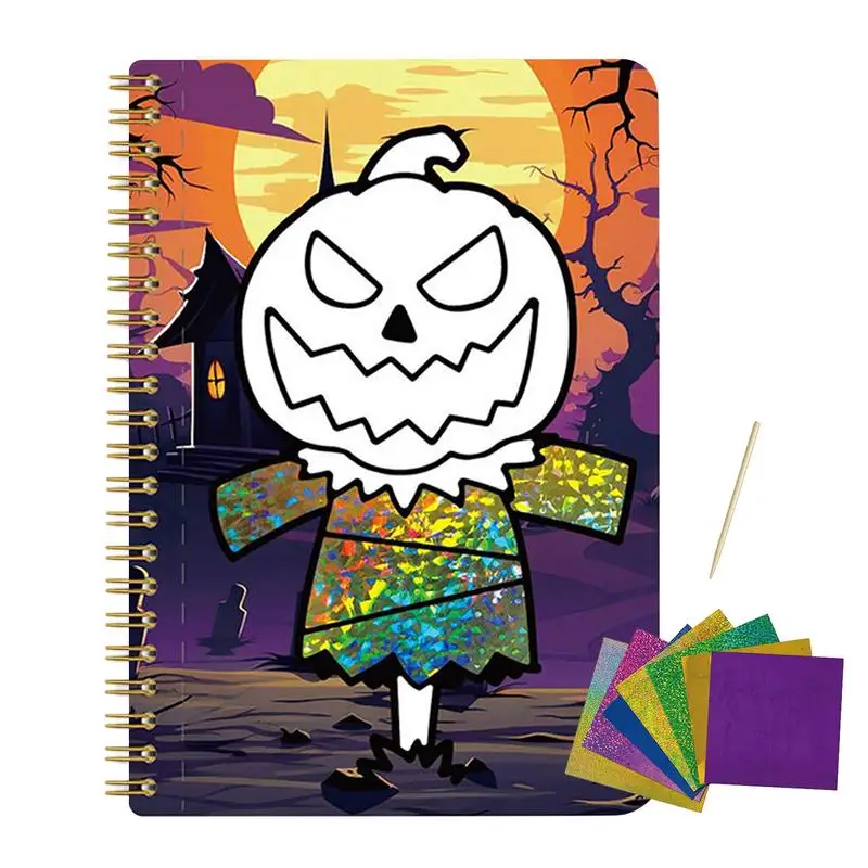 หน้าสีฮาโลวีนสำหรับเด็กชุดงานฝีมือกระดาษฟอยล์พร้อมกระดาษฟอยล์อลูมิเนียม80เด็กหญิงเด็กชายสมุดภาพระบายสีเพิ่มความคิดสร้างสรรค์