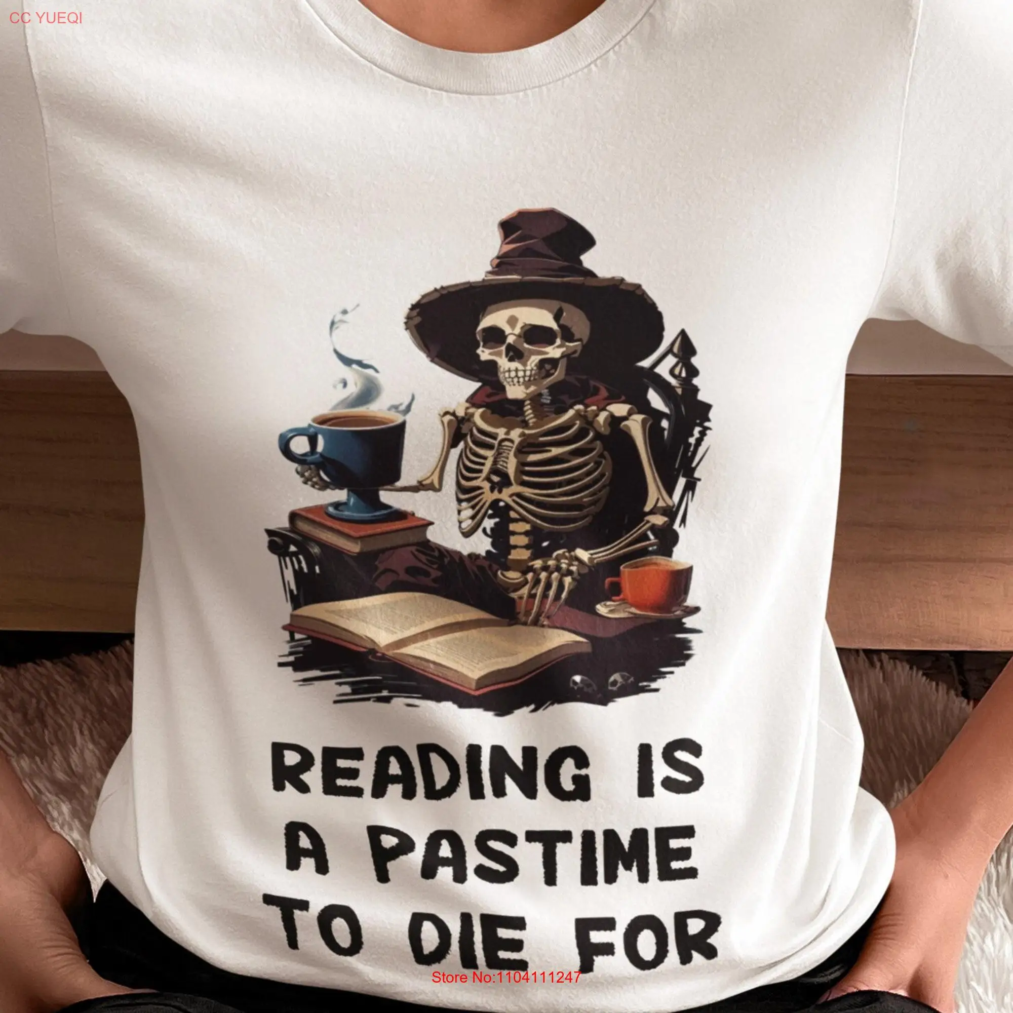 Skeleton Reading T Shirt Pastime to Die For Book Lover Spooky Librarian Club Halloween Funny long or short sleeves