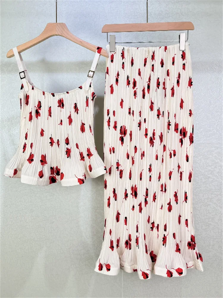 Traje de Playa Estilo Verano para Mujer, Falda Midi Plisada con Estampado Rojo de Cintura Alta o Top Camisero sin Mangas