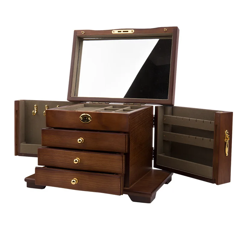 

Luxury 4 Layers Wooden Jewelry Storage Box Large Capacity Earrings Ring Necklace Jewelry Organizer Cabinet with Lock for Women