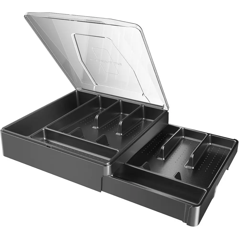

Double Layer Silverware Tray with Lid, Organizer or Utensil Tray, Cutlery Storage Holder with Cover, Black