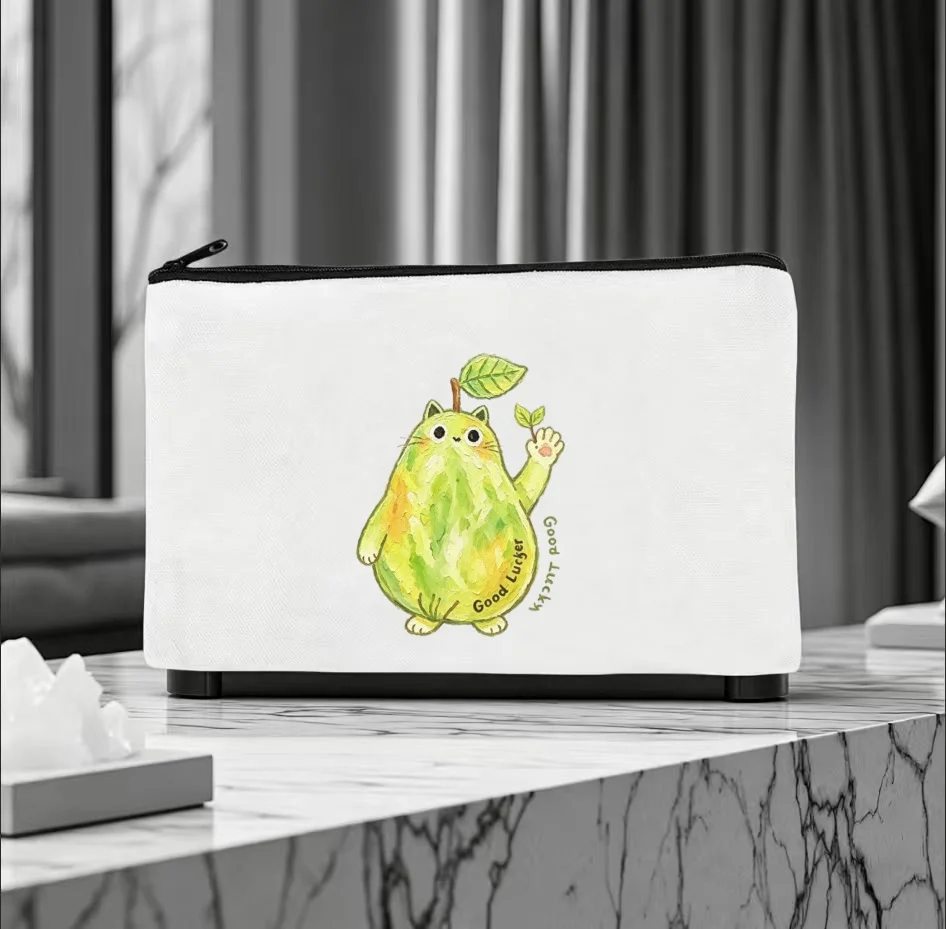 

1PC Cute Fruit Pear Cat Wave Hand Print Good Lucky Print Makeup Bag Double Sided Canvas Daily Storage Organizer