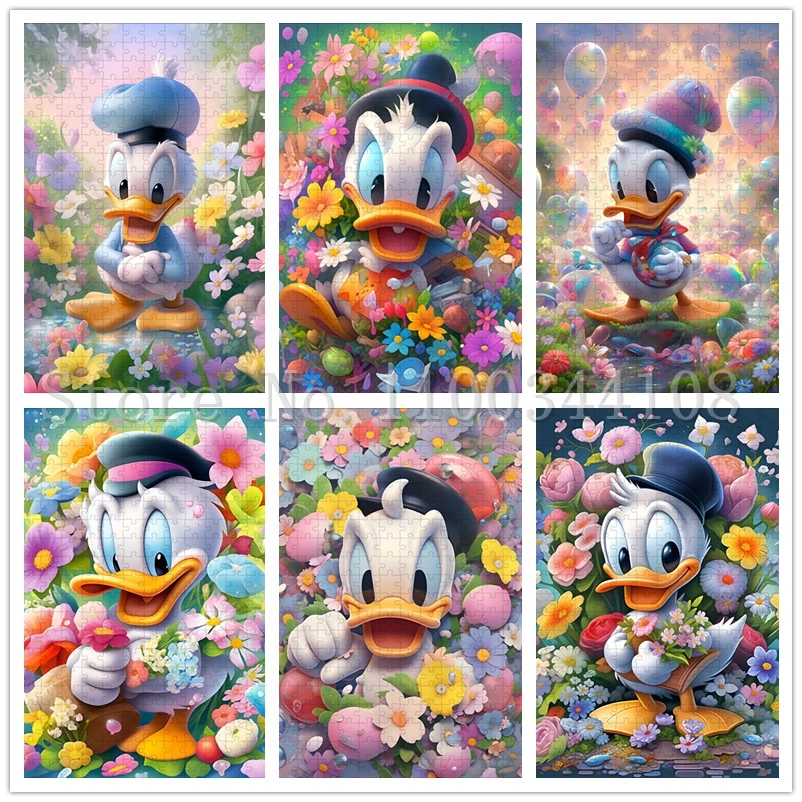 35/300/500/1000 Pieces Disney Donald Duck Puzzles Cartoon Character Flowers Jigsaw Puzzles for Children Intelligence Game Toys