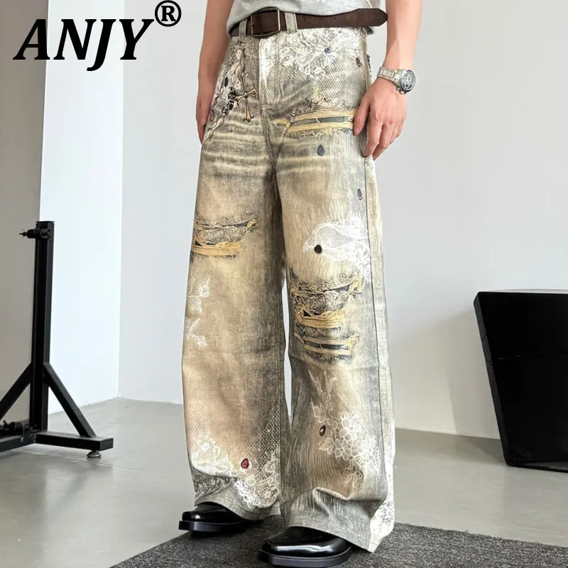 

ANJY, осенние новые женские джинсы в американском стиле ретро, потертые джинсовые рваные прямые уличные брюки с принтом, модные повседневные брюки A9294
