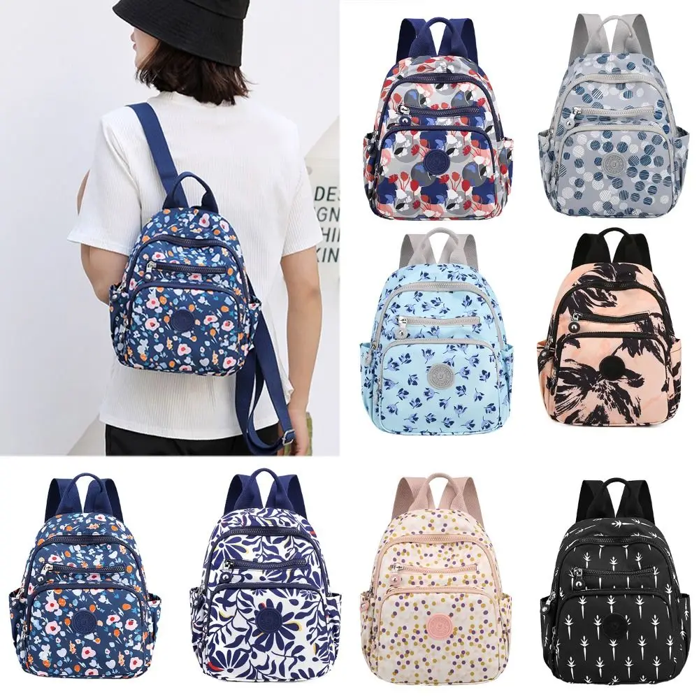 Floral Backpack Outdoor Nylon Printed Schoolbag Light Waterproof Bookbag Women