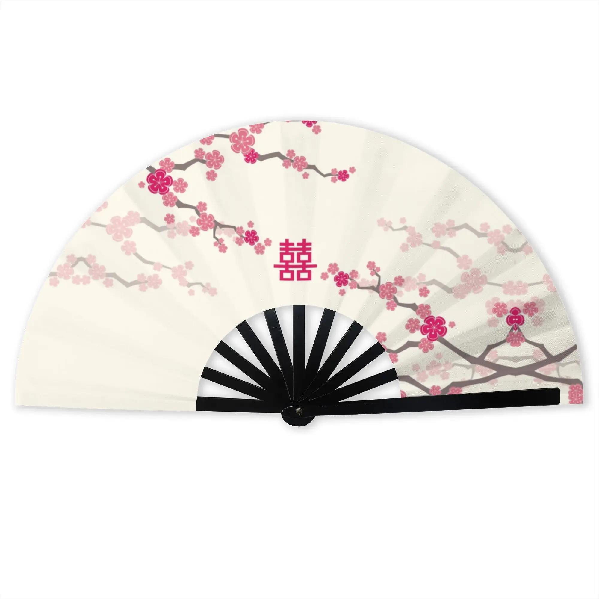 Cherry Blossoms on Cream Double Happiness Folding Hand Fan Japanese Sakura Polyester Fabric Fan Accessory Decorative Fans