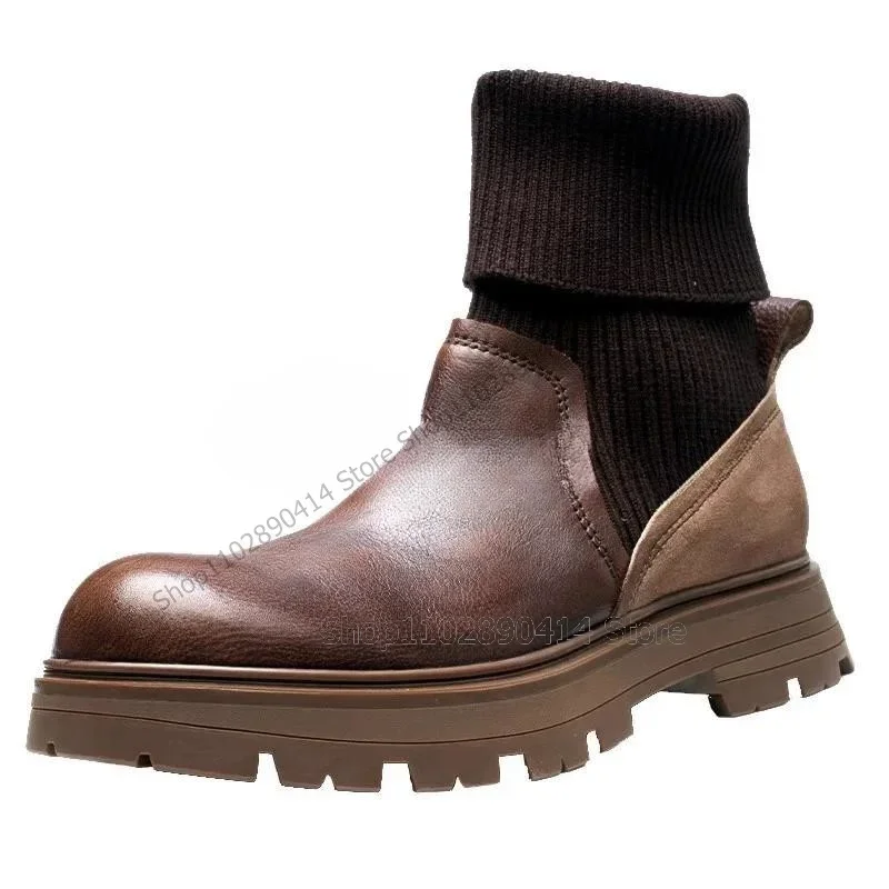 

Brown Black Knitted Patchwork Round Toe Elastic Boots Fashion Slip On Men Boots Luxury Handmade Party Banquet Men Casual Shoes