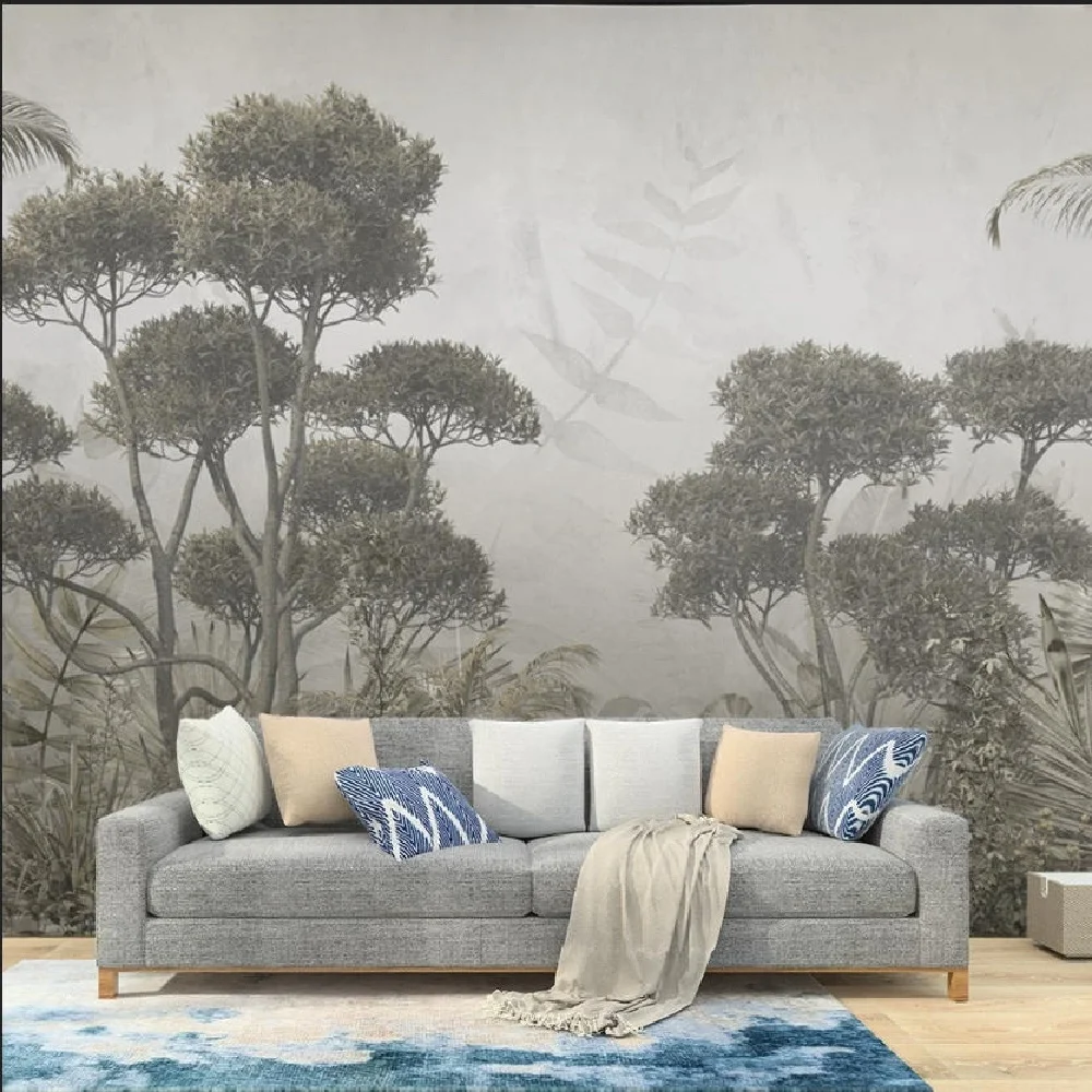 Customize wallpaper Nordic hand-painted retro art stereoscopic black and white forest landscape mural hotel background wallpaper