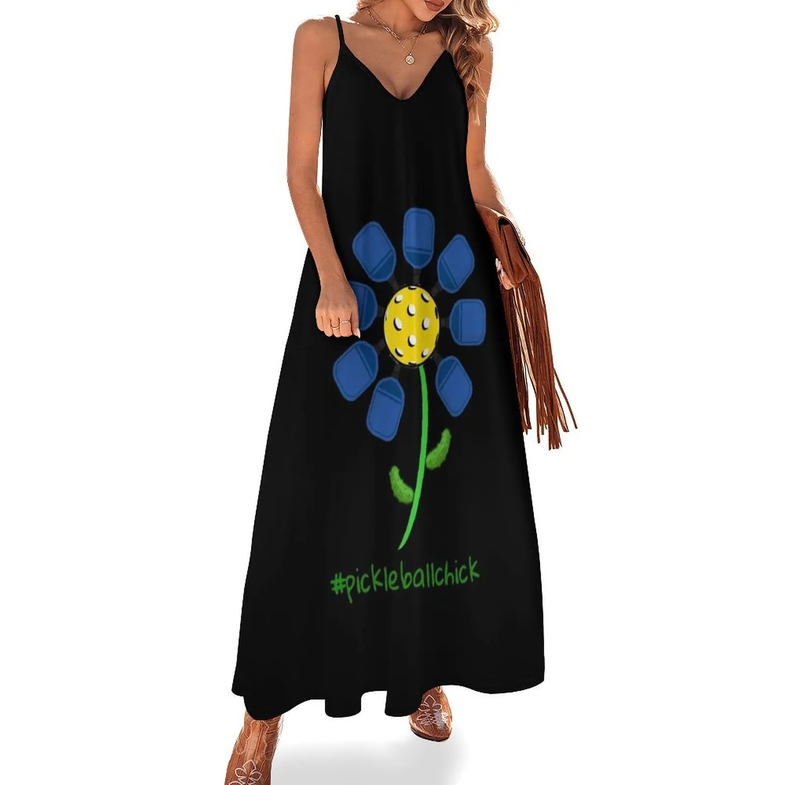 

#pickleballchick adorable flower made of paddles & pickles Sleeveless Long Dress Woman's evening dress Dress