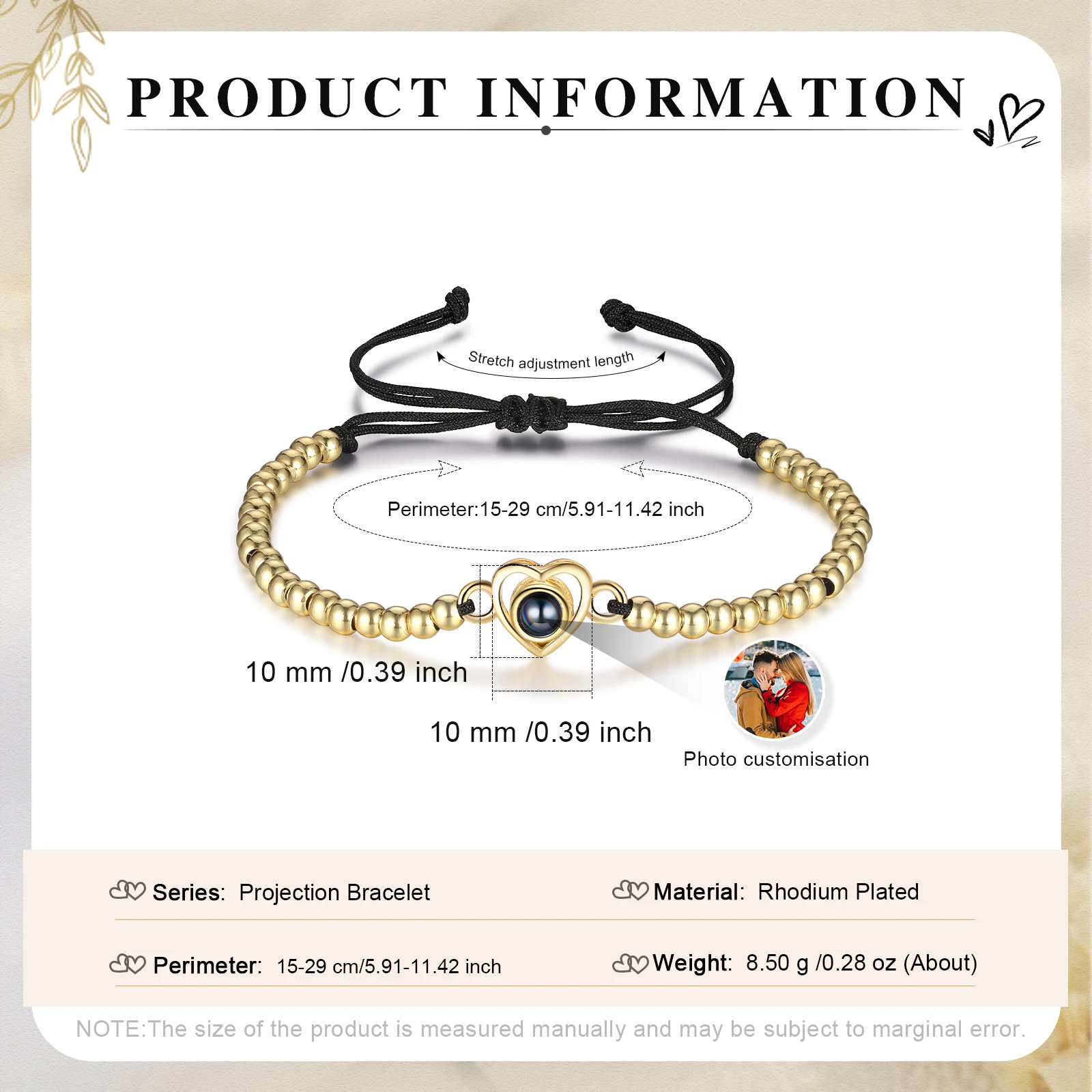 Custom Picture Inside Adjustable Beaded Bracelet Personalized Photo Projection Bracelets for Women Memory Gifts for Men