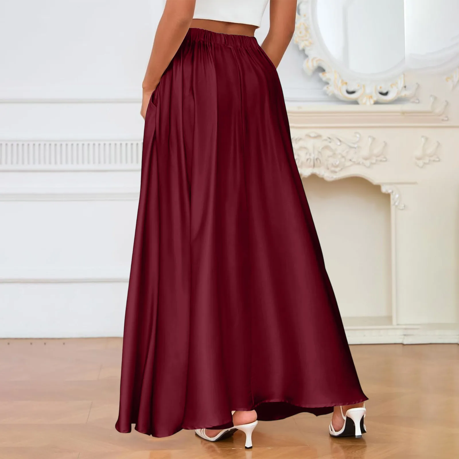 Einfarbiges Damenkleid, elegantes Satin, A-Linie, schlankmachender Midirock, lässiges Modekleid, Retro-Kleid, Urlaubskleid für Damen