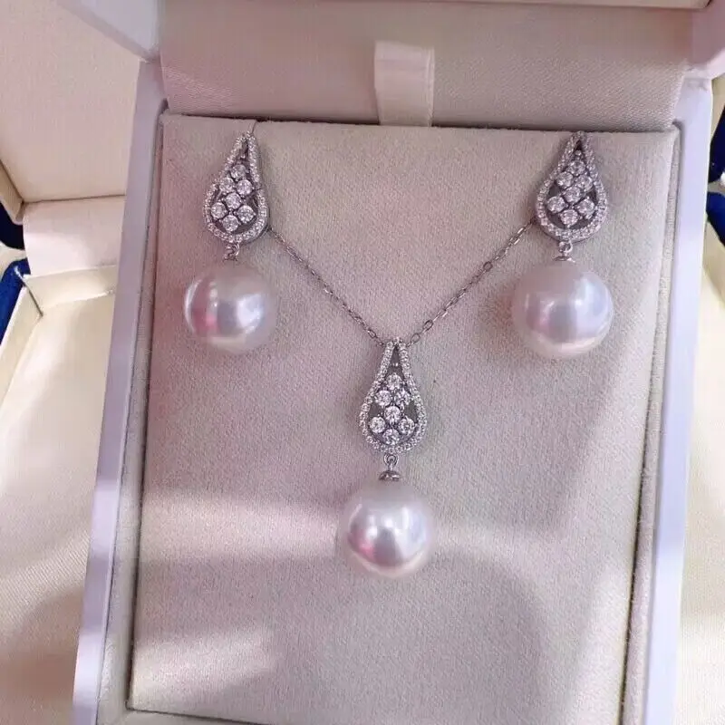 

gorgeous 10-11mm south sea round white pearl pendant & earring 925s