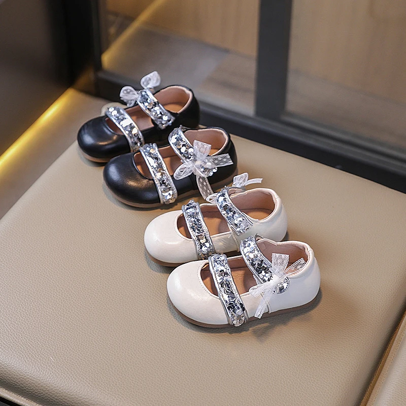 

Новые кожаные туфли принцессы на плоской подошве для девочек, детская элегантная обувь с кружевным бантом и блестками, обувь для дня рождения для детей 3–11 лет, обувь для малышей