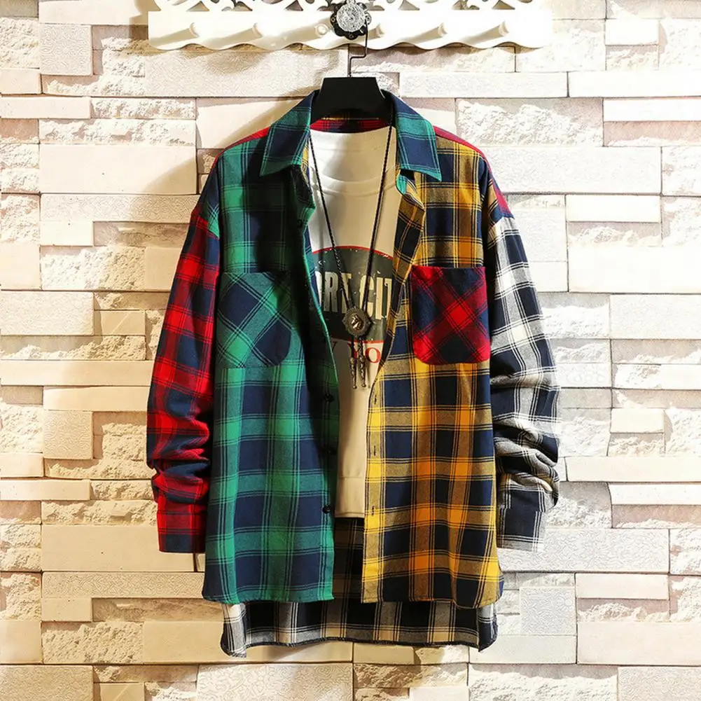 Men Spring Shirt Colorblock Plaid Print Single-breasted Long Sleeve Lapel Buttons Streetwear Cardigan Shirt Coat Spring Summer