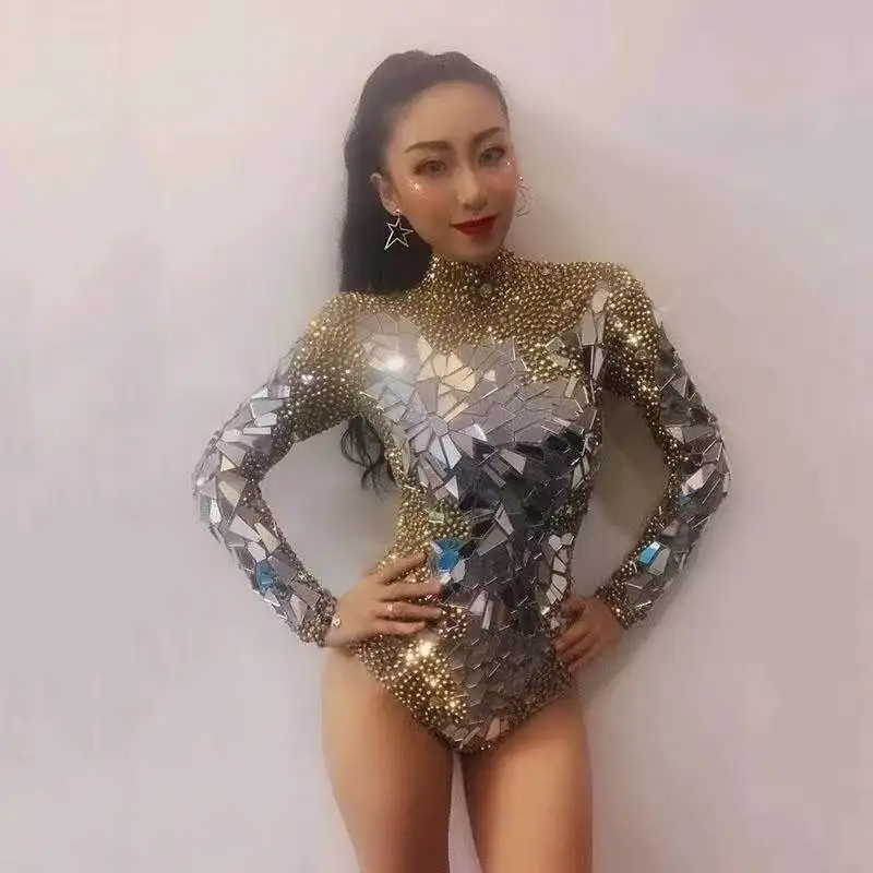 DS Bar Show Bodysuit Performance Costume Sparkly Silver Rhinestones Mirrors Leotard Women\'s Birthday Party Outfit Dance Costume