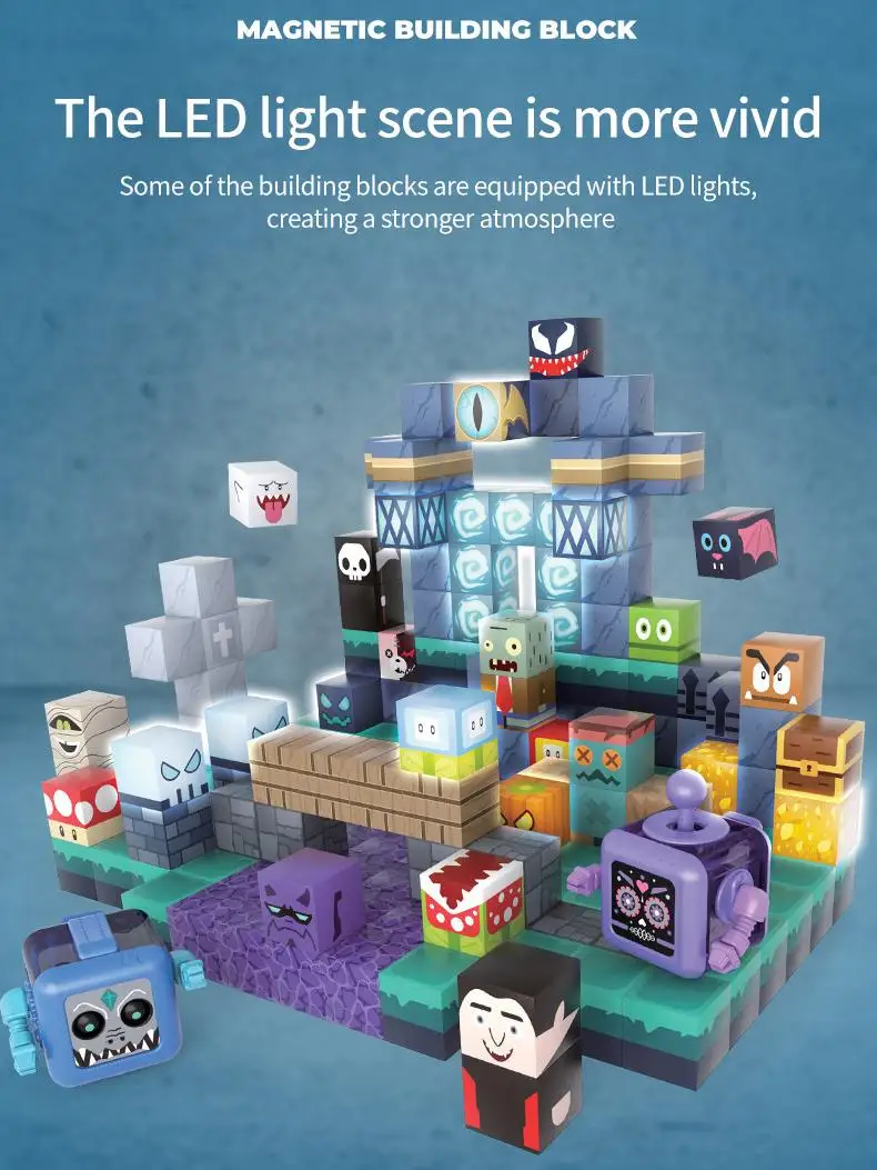 Magnetische Bausteine mit Lichtern Underworld Monsters STEM Montessori Sensorische Stapelwürfel Spielzeug für Kinder ab 3 Jahren Geschenke für Jungen