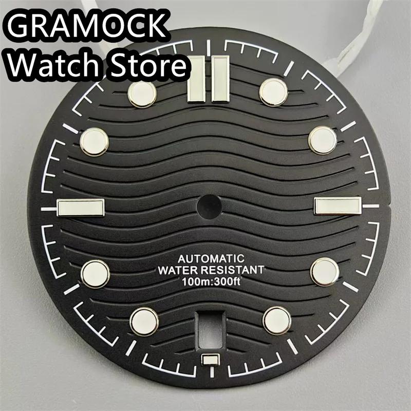 GRAMOCK 31mm Watch Dial Black White Blue Green Dial Green Luminous Fit NH35 Movement 6 O\'clock Date Window
