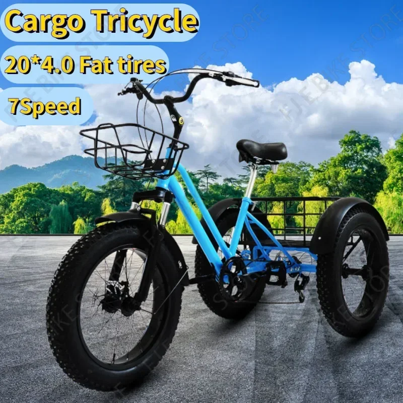 Three-wheeled Bicycle 20*4.0 Fat Tire Vegetable Basket Cargo Elderly Leisure Travel Tricycle Adult 7Speed Mountain Off-road Bike