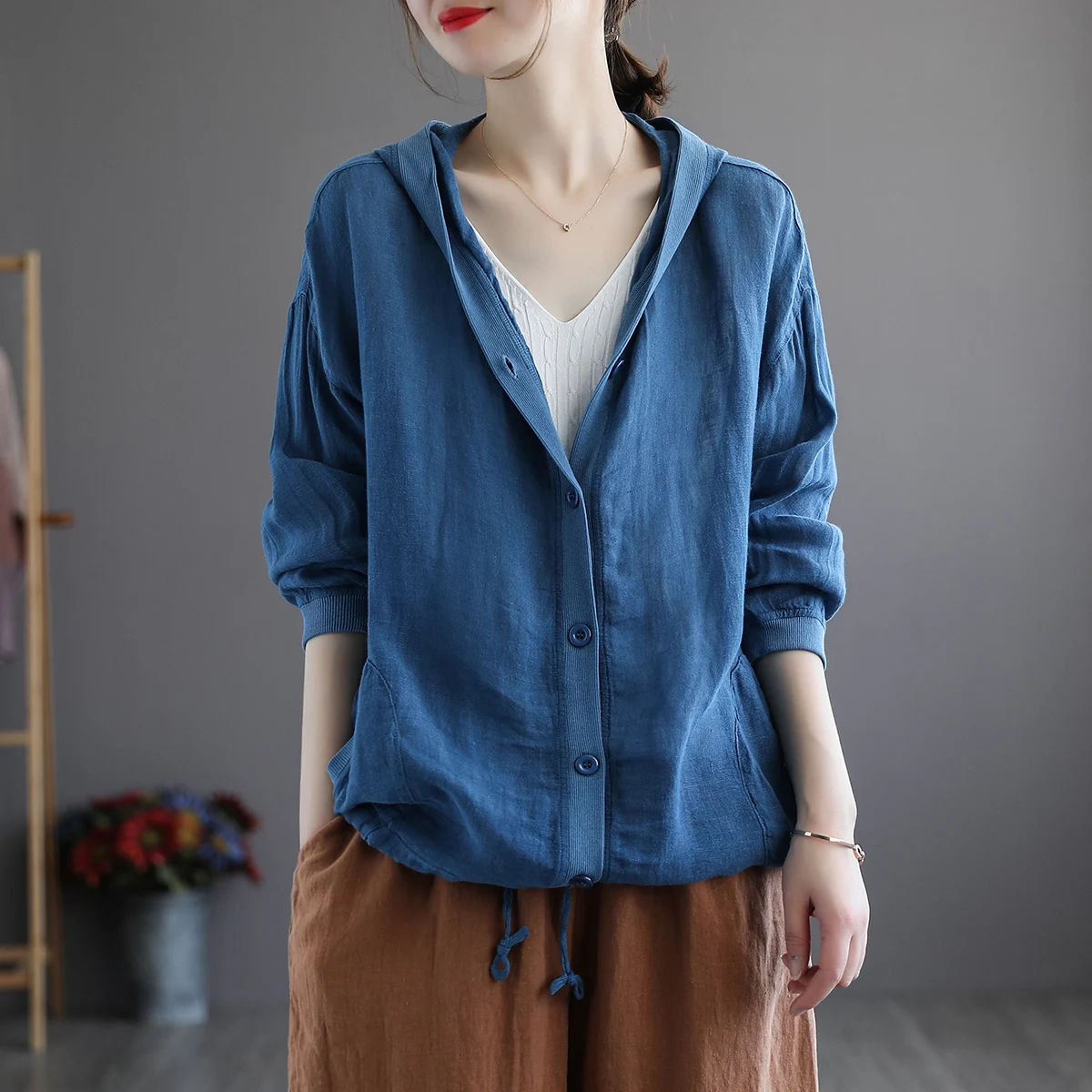 

Retro Cotton Linen Open Cardigan Women's Summer New Loose Hooded Long Sve Thin ort Outerwear Trendy Button up Coat