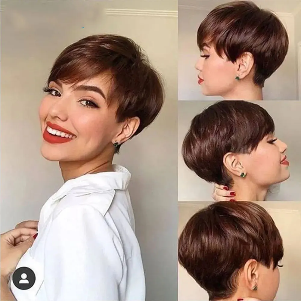 Wig cokelat pendek Wig potongan Pixie rambut manusia Wig Pixie pendek Newmi tanpa topi mesin penuh Wig ramah pemula Wig berwarna cokelat