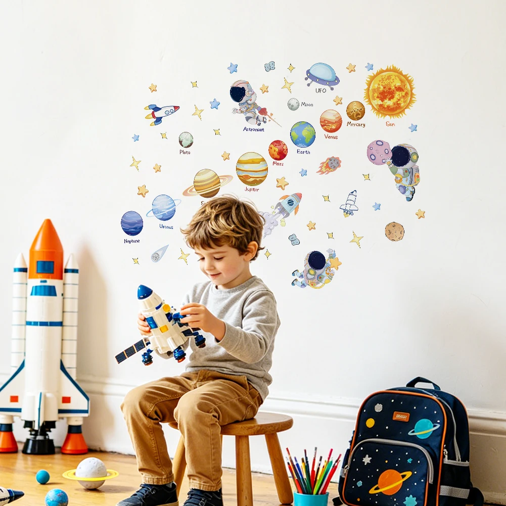 Cartoon Solar System Space Wall Stickers Astronaut Planet Star Wall Decals For Kids Bedroom Nursery Home Decor PVC Removable
