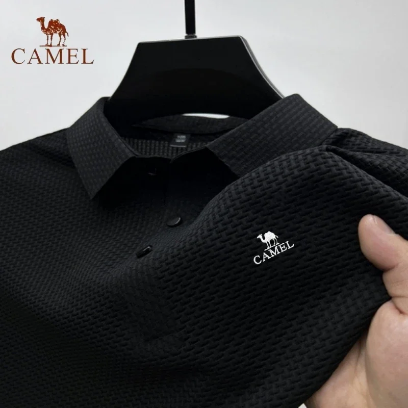 High end bordado camelo camisa polo elástica de seda gelo nova camiseta verão moda respirável negócios manga curta luxo topo