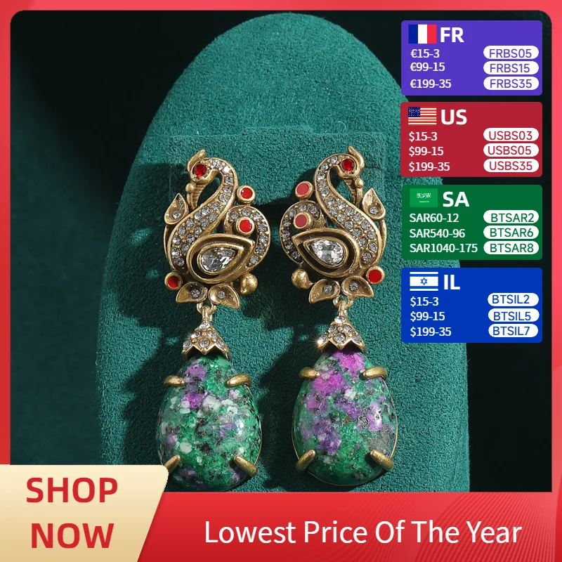 

Luxury Brand Green Natural Stone Drop Earrings Crystal Rhinestones Swan Gold Color Vintage Jewelry Designer 2025 Trend New Item