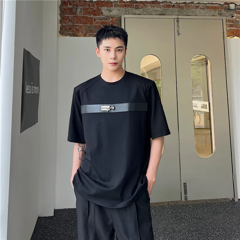 

SYUHGFA New T-shirt Korean Style Metal Buckle Fashion Men's Top Short Sleeve Round Collar Casual Male Clothing 2024 Summer