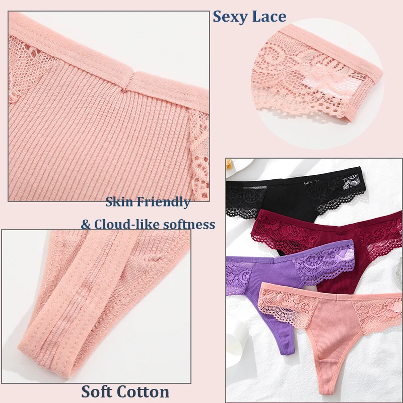 4PCS Cotton G-string Women Lingerie Sexy Lace Panties Thongs Femme Underwear Sexy Pantys Underpant Lingerie Lace Intimates S-XL