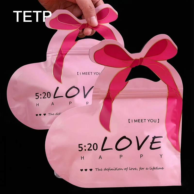 

TETP 50Pcs Pink Bow Heart Shape Self-Sealing Candy Bags Wedding Favor Packaging for Chocolate Jewelry Valentine's Day Gifts