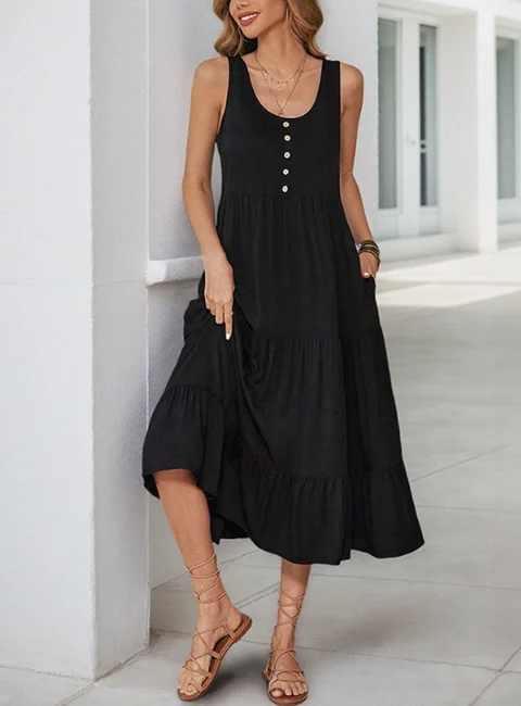 

Womens Dresses Button Pocket Sleeveless Solid Color Mid Length Dress with Camisole Skirt Simple Commuting Casual Dress
