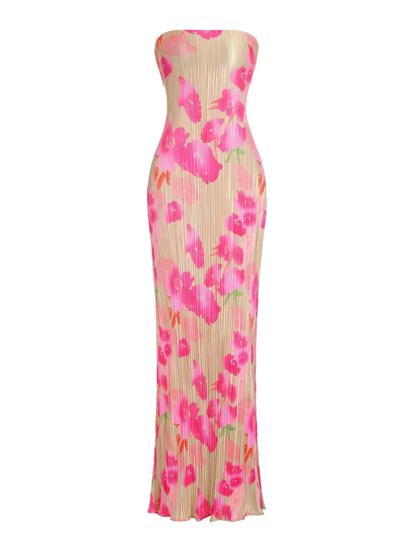 2026 European and American Fashion Explosions Tube Top Printing Pleated Slim Slim Dress Women's Dress