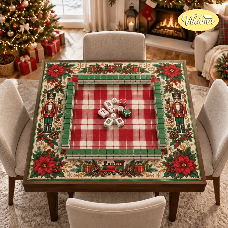VIKAMA Red-and-White Checkered Christmas Mahjong Table Mat, Nutcracker Non-Slip American-Style Mahjong Christmas Tablecloth
