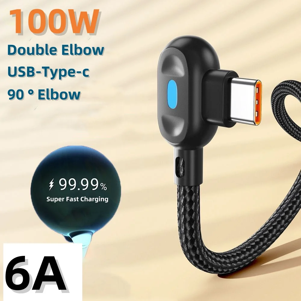 100W USB To Type C Fast Charging Cable 90° Double Elbow Bend Mobile Game Fast Charging Cable For Xiaomi Huawei With LED 0.25m/1m