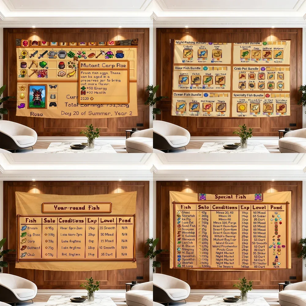 S-Stardew Valley Fun Art Fishing Chicken Farm Flag Room Dorm Camp Party Garage Bar Hogar Home Decor Banner Wall Hanging Gift