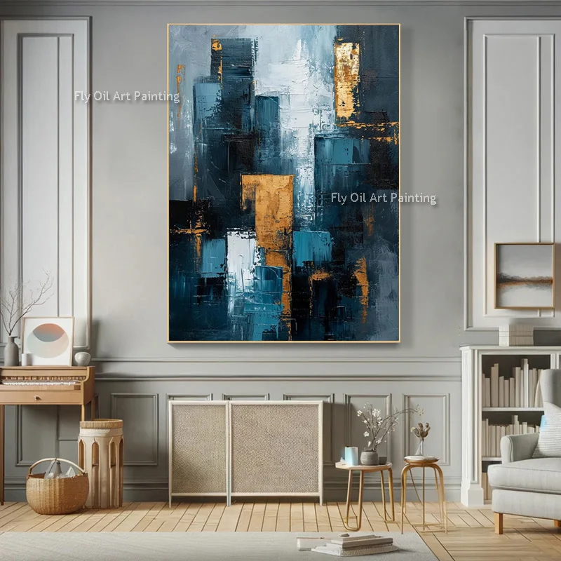 Navy Blue And Golden Home Wall Art Items Handpainted Blue Golden Yellow Abstract Building Canvas Thick Oil Painting For Decor