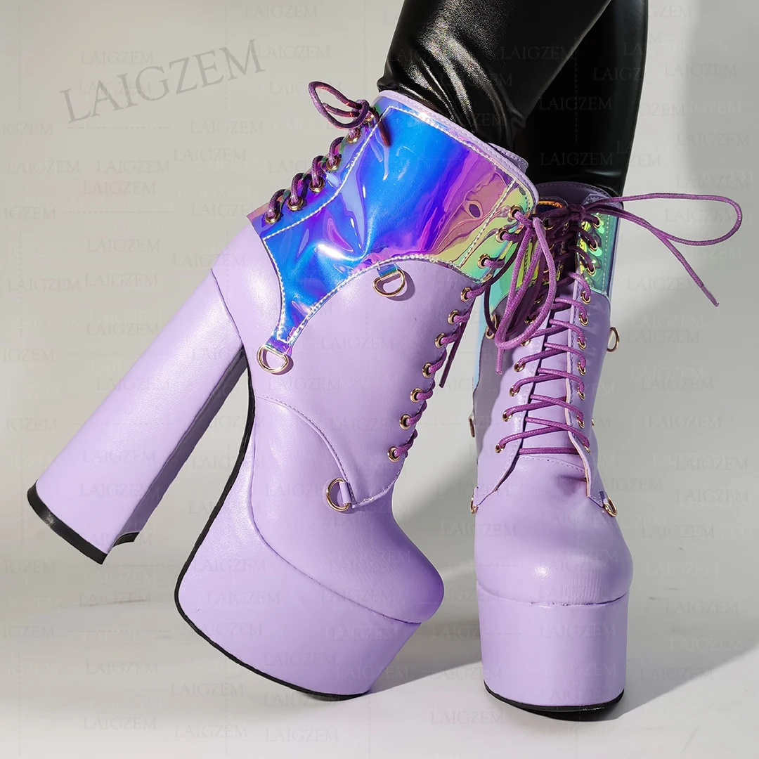 

LAIGZEM Women Ankle Boots Faux Leather Platform Chunky Block Heels Lace Up Short Boots Ladies Shoes Woman Big Size 41 43 47 52
