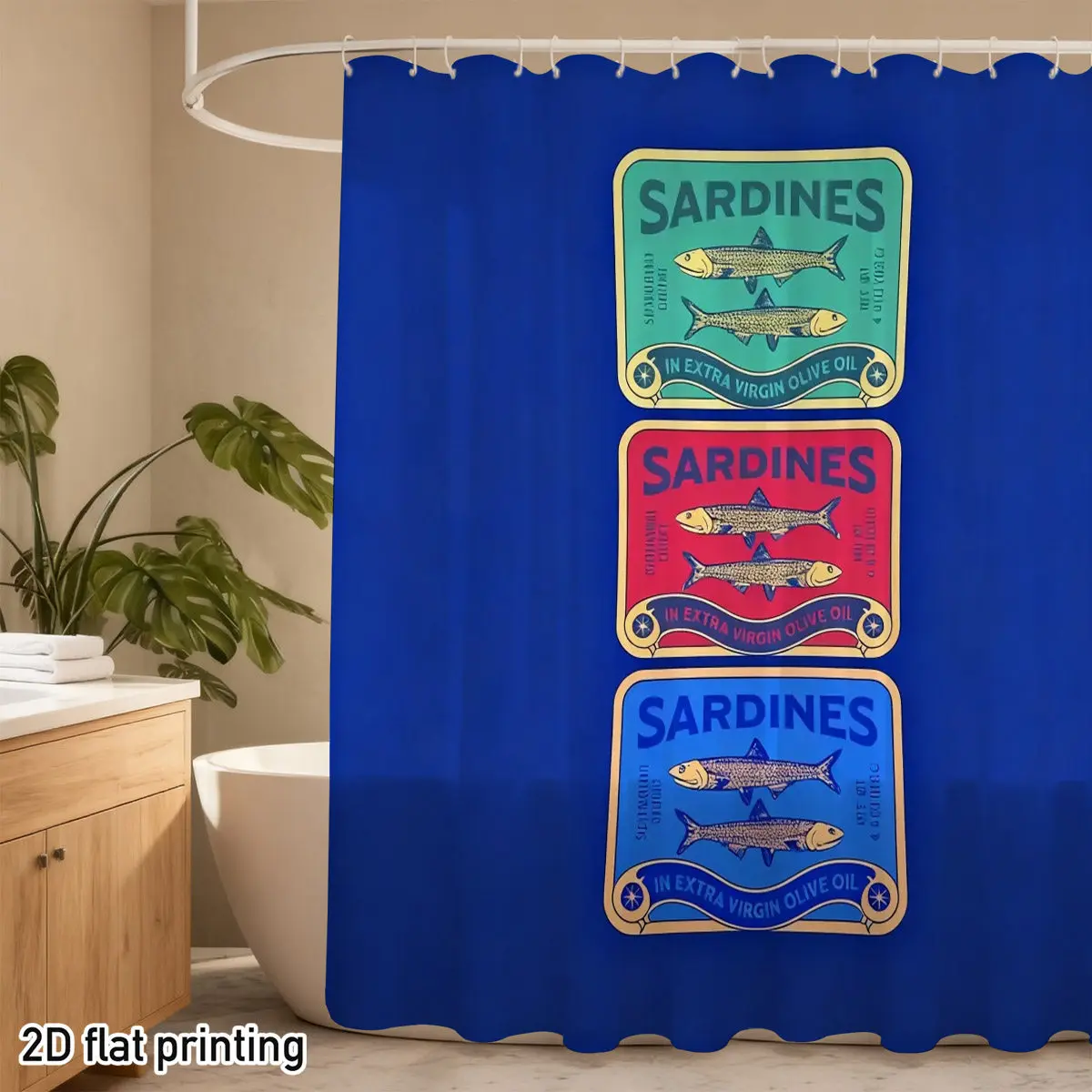 Vintage Sardine Can Shower Curtain 72x72 Polyester – Retro Fish Label Print in Teal, Red & Blue with 12 Hooks