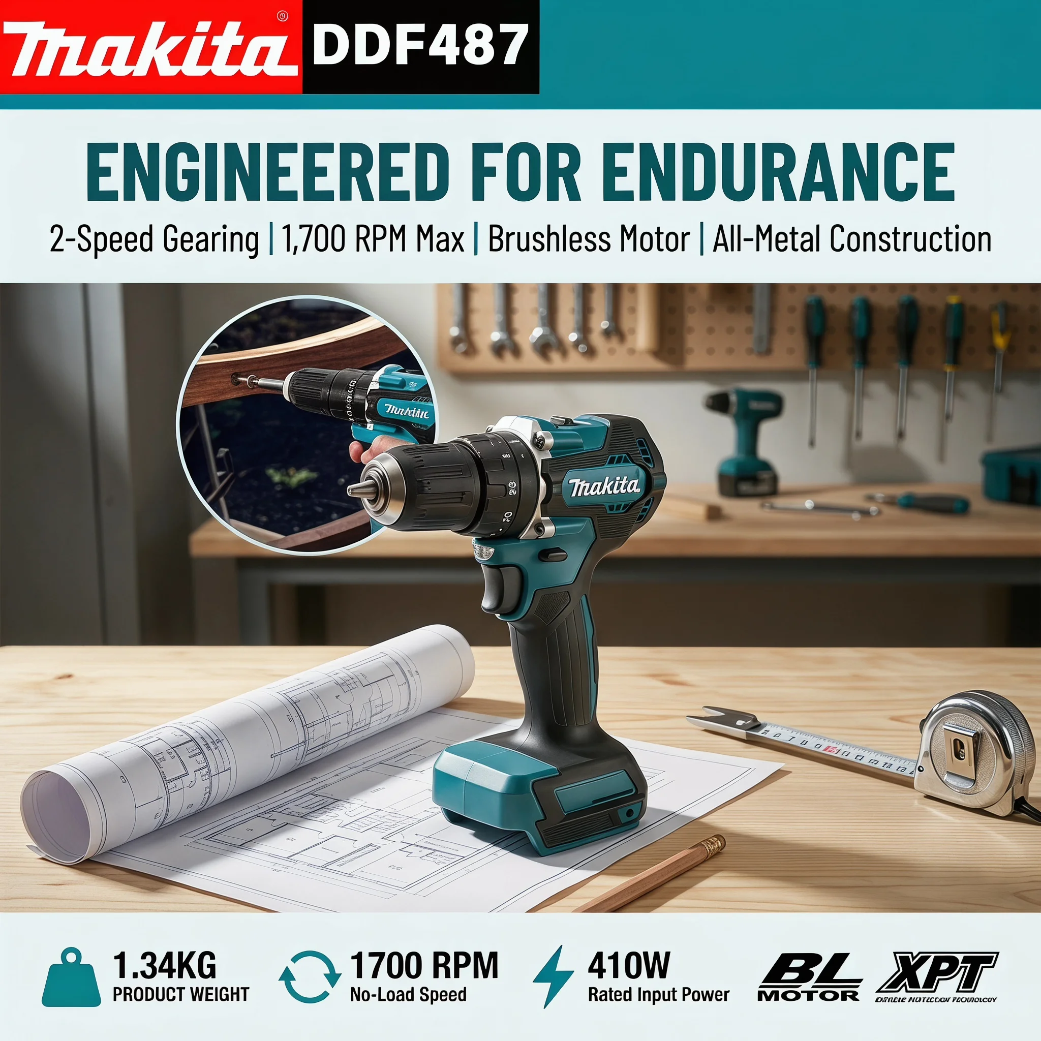 Makita DDF487 18V Brushless Drill Driver 40Nm 1700RPM 10mm Keyless Chuck XPT Twin LED for Makita…