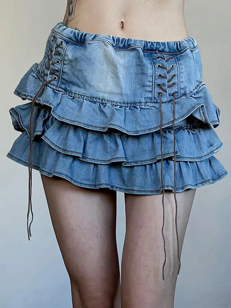 

Woman Slim A-line Skirt Elastic Waist Mini Denim Skirt Wash Patchwork Tunic Simple Classical All-match Tide Ins Gyaru