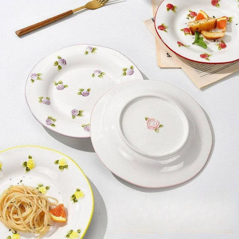 Hand Painted Floral Relief Ceramic Plate,Retro Strawberry Dinner Plate,Salad Dessert Plate Curry Pasta Dish Crockery Dinnerware