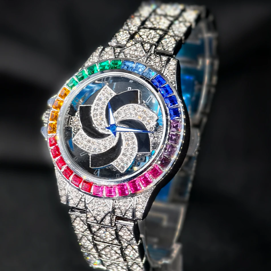 Original Luxury Green Ice Crystal Men Watch Stylish Rotating Dial Stainless Steel Quartz Watch Hip-Hop Rainbow Diamond Men Watch