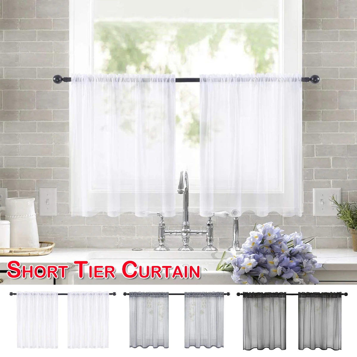 Cortinas transparentes cortas de gasa para cocina, paneles de ventana de gasa de nivel, tejido de gofres, baño y dormitorio, pequeñas